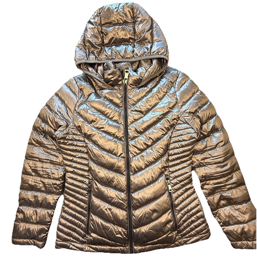 Calvin Klein Women's M Premium 7° Warm Down Packable Jacket Metallic Silver Hood